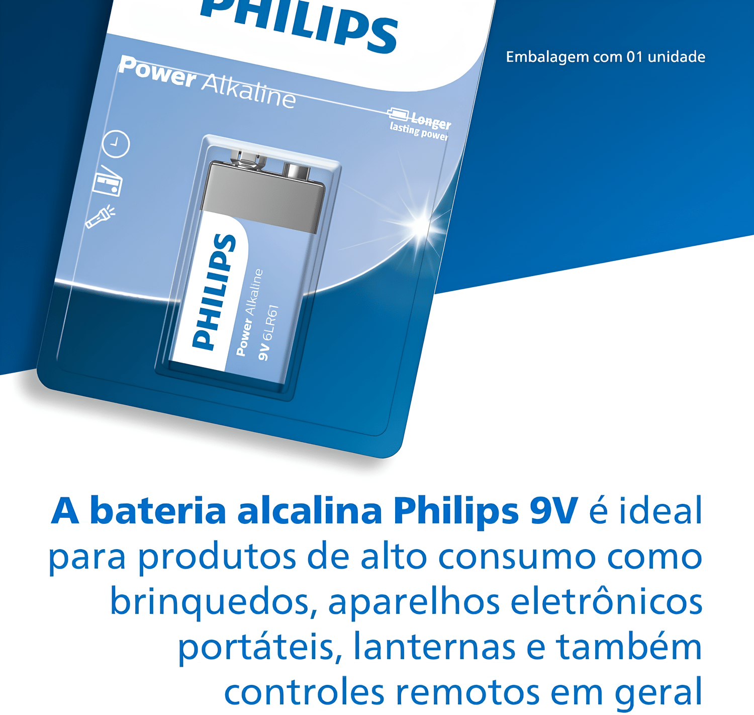 Bateria Alcalina Philips 6LR61 9V - 6LR61P1B/59, 1 Unidade Bateria Alcalina Philips 6LR61 9V - 6LR61P1B/59, 1 Unidade