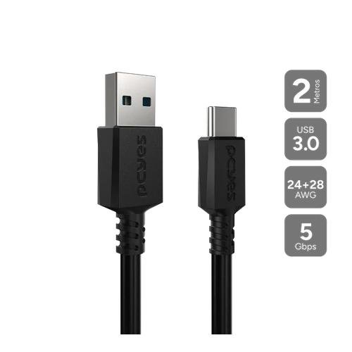 Cabo USB-A 2.0 P/USB Tipo-C 1M 3A 15W PCYES PUACP-10 Preto