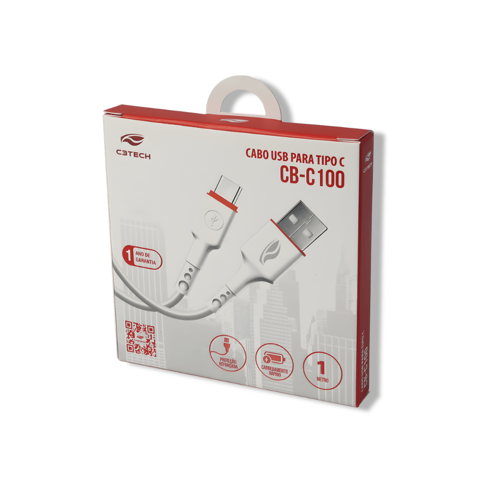 Cabo USB-A p/ USB Tipo-C 1m 3A C3Tech CB-C100WH Branco