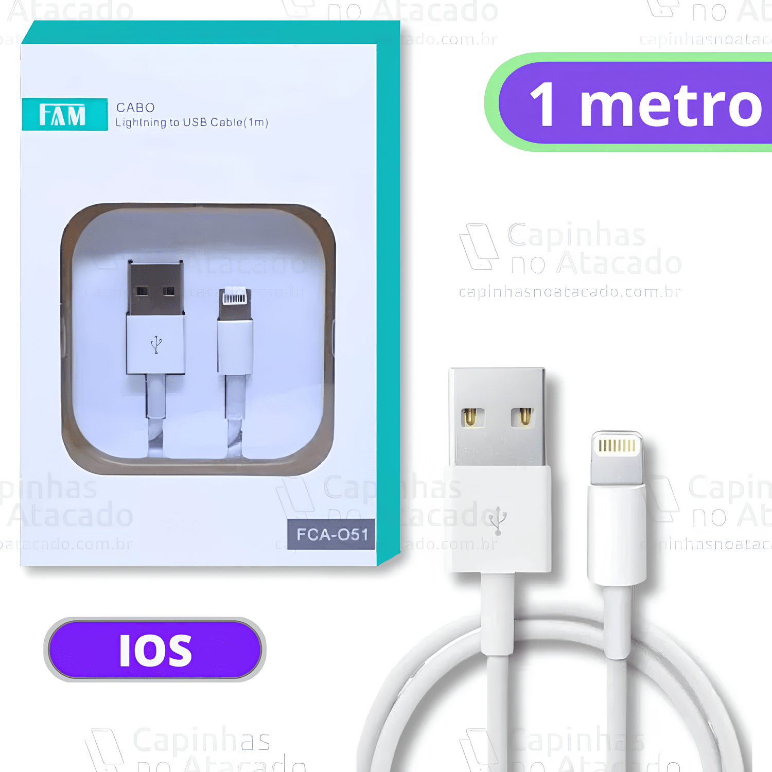 Cabo USB para iPhone FCA-O51, 1 Metro, 2.1A – Branco, Carregamento Rápido e Sincronização Estável Cabo USB para iPhone FCA-O51, 1 Metro, 2.1A – Branco, Carregamento Rápido e Sincronização Estável