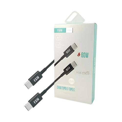 Cabo USB Tipo-C P/ Tipo-C 2m 3A 60W FAM FCA-C2C2 Preto