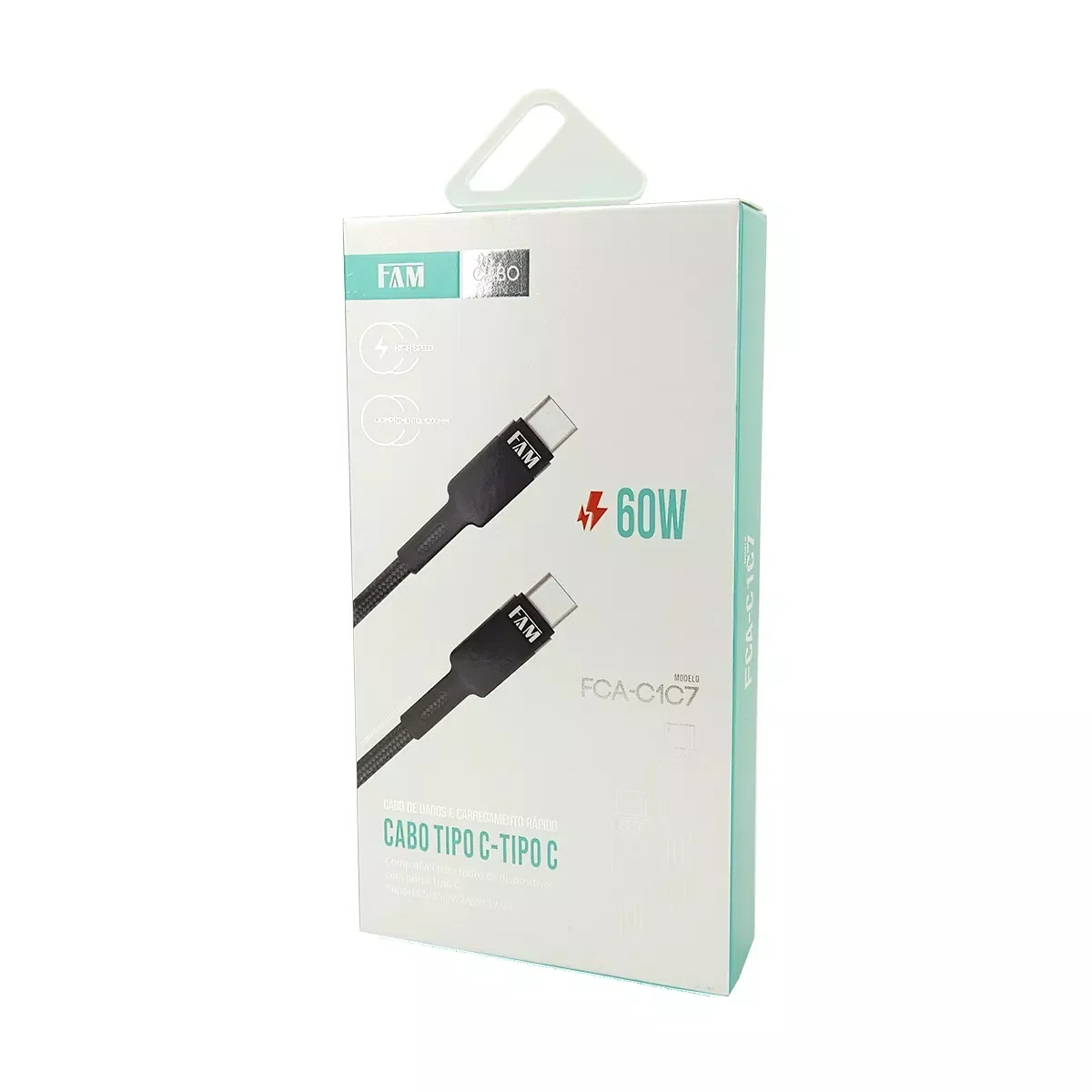 Cabo USB Tipo-C para Tipo-C 1,2 m 3A 60W FAM FCA-C1C7 Preto