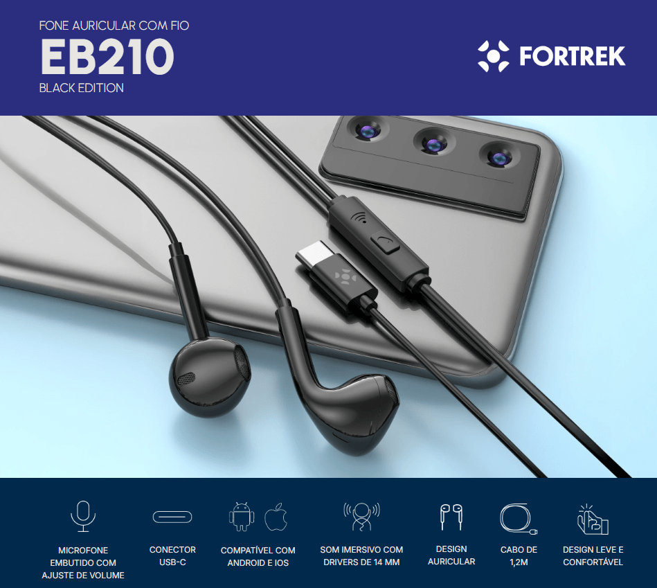 Fone de Ouvido Auricular Tipo-C 1,2m Fortrek EB210 Preto