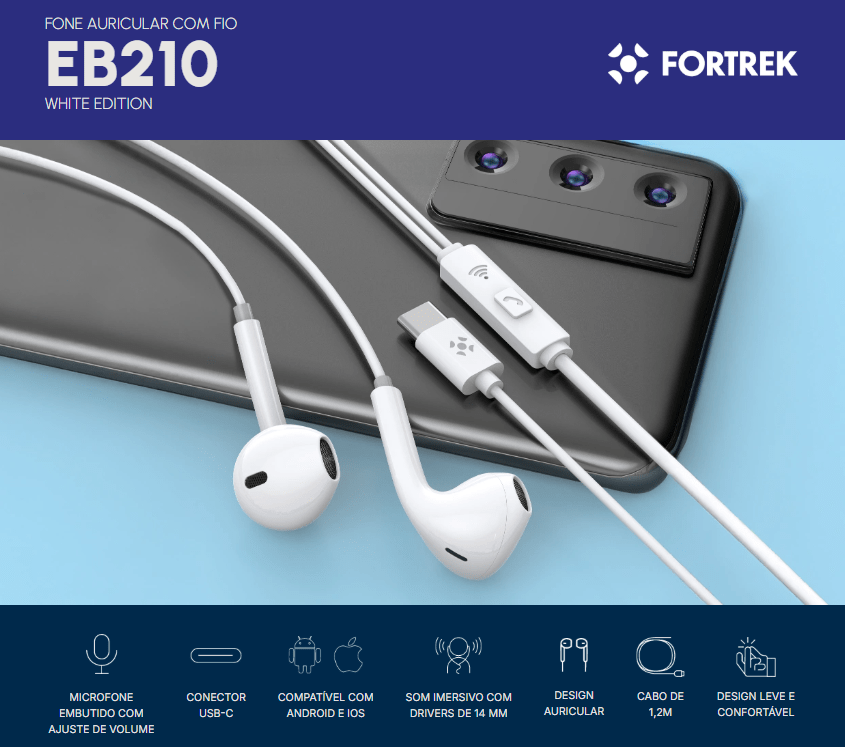 Fone de Ouvido Auricular Tipo-C 1,2m Fortrek EB210 Branco