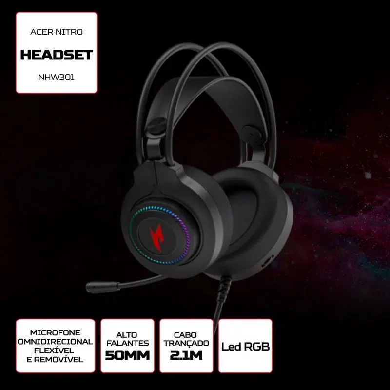 Headset Gamer P2 2,1m Acer Nitro Gaming NHW301 Preto Headset Gamer P2 2,1m Acer Nitro Gaming NHW301 Preto
