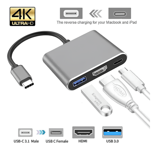 ADAPTADOR 3 EM 1 USB-C P/HDMI/USB 3.0/C UCT301 PRATA