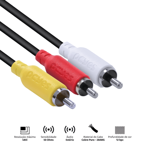 CABO DE VIDEO COMPOSTO 3 RCA MACHO 2 METROS - P3R-2 TV/DVD