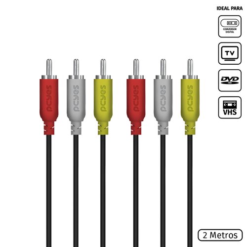 CABO DE VIDEO COMPOSTO 3 RCA MACHO 2 METROS - P3R-2 TV/DVD