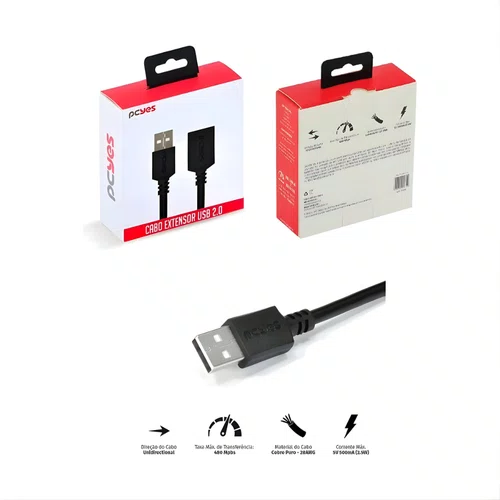 Cabo Extensor USB A 2.0 Macho P/USB A 2.0 Fêmea 2 m PCYES PUAMF2-2 Preto