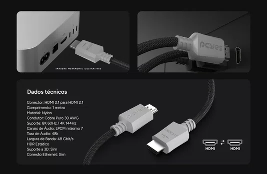 Cabo HDMI Ultra 2.1 8K 1080/144hz 1 Metro Nylon PCYES PHU21P