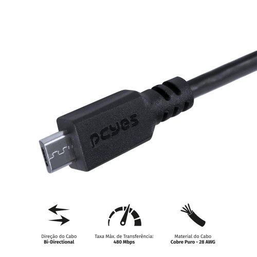 Cabo Micro USB x USB A 2.0 Para Celular 2 metros Preto - PMUAP-2 - PCYES