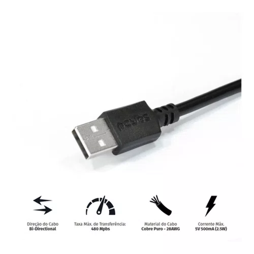Cabo USB A 2.0 para Mini USB B 2.0 2 Metros Preto PCYes PUANM2-2
