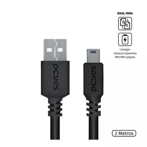 Cabo USB A 2.0 para Mini USB B 2.0 2 Metros Preto PCYes PUANM2-2