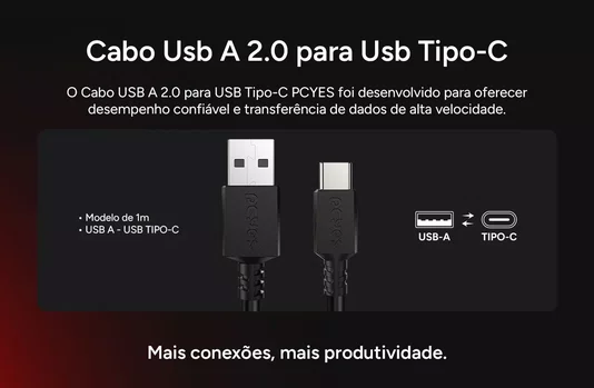 Cabo USB-A 2.0 P/USB Tipo-C 1M 3A 15W PCYES PUACP-10 Preto