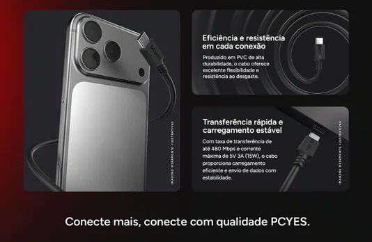 Cabo USB-A 2.0 P/USB Tipo-C 1M 3A 15W PCYES PUACP-10 Preto