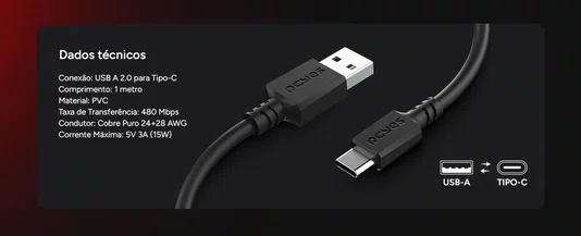 Cabo USB-A 2.0 P/USB Tipo-C 1M 3A 15W PCYES PUACP-10 Preto