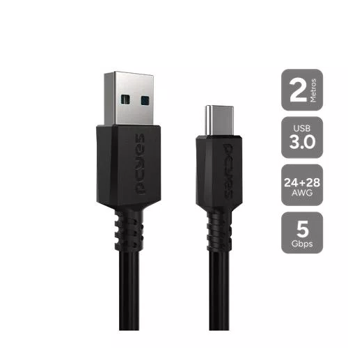 Cabo USB-A 2.0 P/USB Tipo-C 1M 3A 15W PCYES PUACP-10 Preto