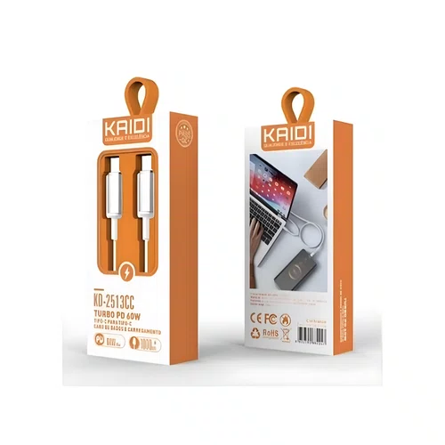 Cabo USB-C para USB-C 1M Turbo 60W Kaidi KD-2513CC Branco/Prata