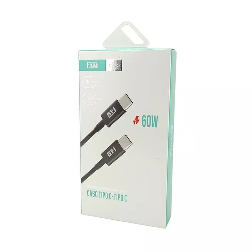 Cabo USB Tipo-C P/Tipo-C 1,2M 3A 60W FAM FCA-C1C Preto