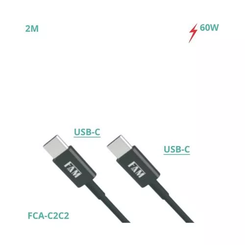 Cabo USB Tipo-C P/ Tipo-C 2m 3A 60W FAM FCA-C2C2 Preto