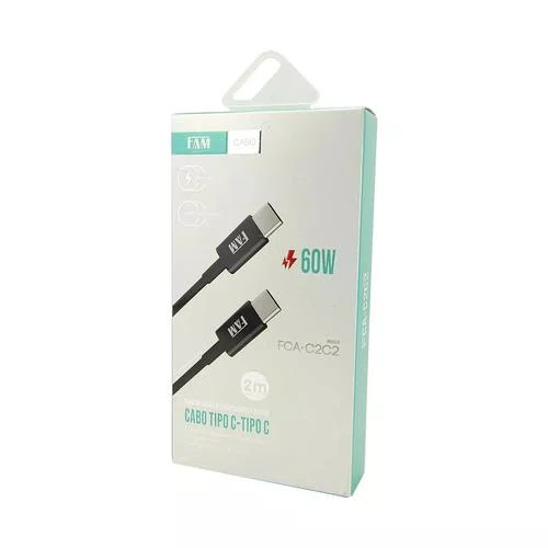 Cabo USB Tipo-C P/ Tipo-C 2m 3A 60W FAM FCA-C2C2 Preto