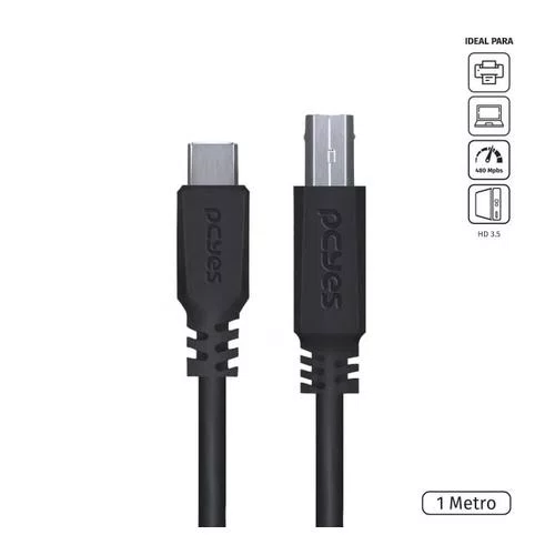 Cabo USB Tipo C P/USB B 2.0 1M PCYES PUCBP-1 Preto