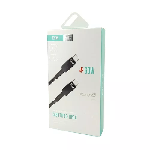 Cabo USB Tipo-C para Tipo-C 1,2 m 3A 60W FAM FCA-C1C7 Preto