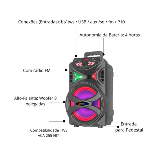 Caixa de Som Amplificada Bluetooth 250W RMS LED AMVOX ACA 255 HIT