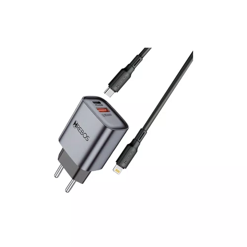 Carregador 20W USB-C/USB-A C/Cabo Lightning Hrebos CRG-232CI Cinza