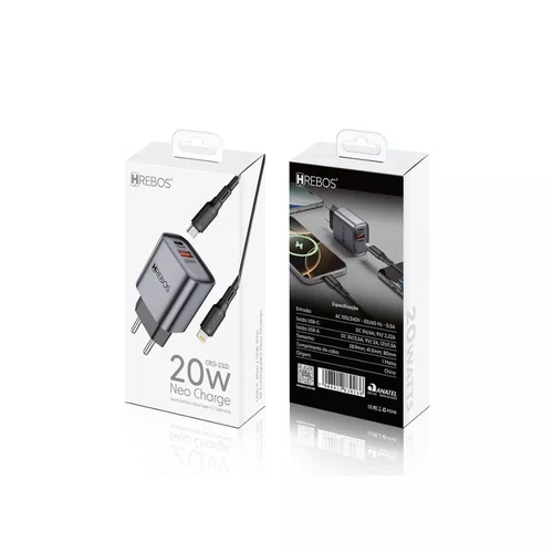 Carregador 20W USB-C/USB-A C/Cabo Lightning Hrebos CRG-232CI Cinza