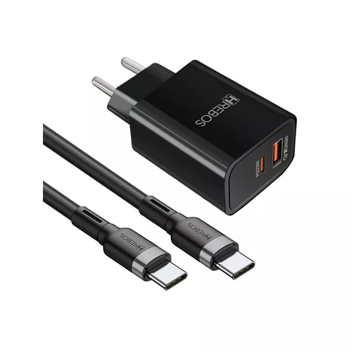 Carregador De Parede Turbo 20W Usb-A/Usb-C C/Cabo 1M Hrebos CRG-154CC Preto