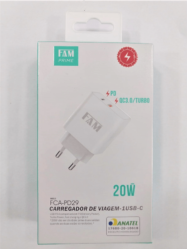 CARREGADOR TOMADA TURBO  1 USB/1 USB C 20W FCA-PD29 BRANCO