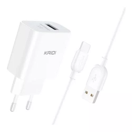 Carregador USB-A 18W Turbo com Cabo USB-C Kaidi KD111C Branco