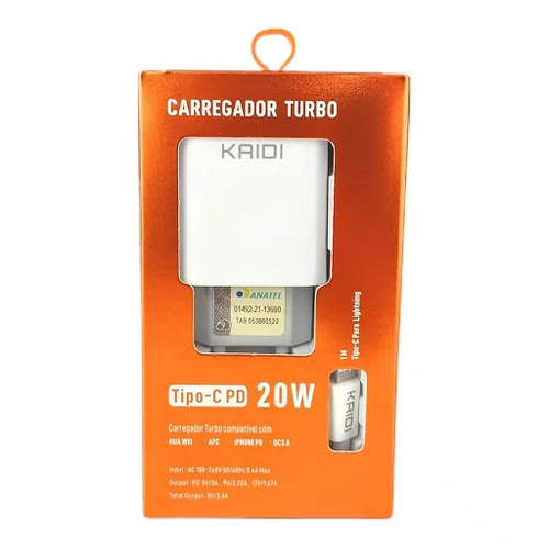 Carregador USB-C 20W Turbo c/ Cabo Lightning iPhone Kaidi KD108A Branco