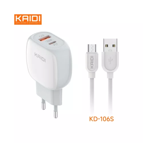 Carregador USB-C/USB-A 20W Turbo C/Cabo Micro USB Kaidi KD106S