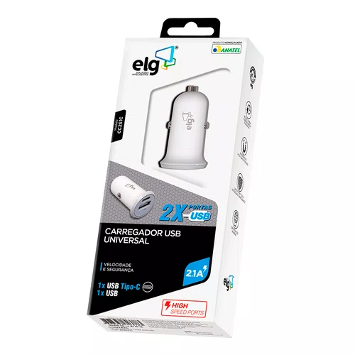 Carregador Veicular USB-C USB-A 2.1A ELG CC2STC Branco