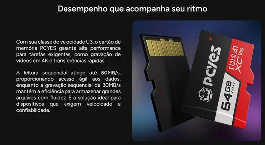 Cartão de Memória Micro SD 64GB Classe 10 U3 V30 PCYES PY64GBSDXC