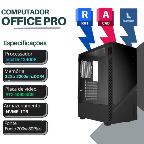 Computador Workstation, Intel I5-12400F, placa de vídeo Nvidia RTX 4060, 32GB 3200Mhz( 2x16gb), Nvme 1Tb, Fonte 700w 80 plus