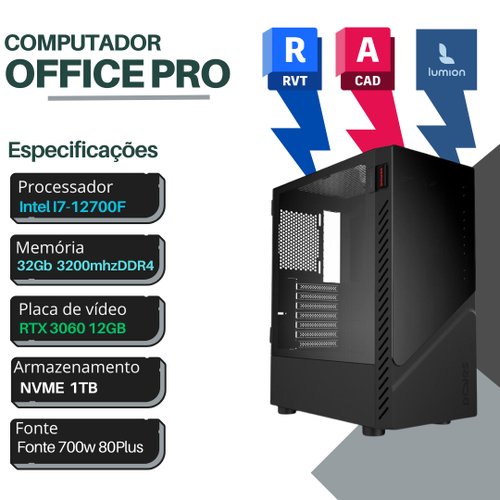 Computador Workstation, Intel I7-12700F, placa de vídeo Nvidia RTX 3060 12GB, 32GB 3200Mhz( 2x16gb), Nvme 1Tb, Fonte 700w 80 plu