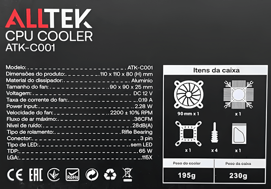 COOLER P/PROCESSADOR 65W LGA1155/1150/1151/1156/1200 ATK-C001