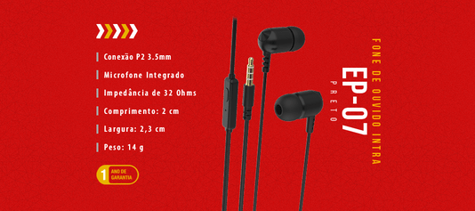 FONE DE OUVIDO P2 1,2M INTRA EP07BK PRETO