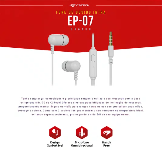 Fone de Ouvido Intra-Auricular EP07WH P2 1,2M Branco – Design Confortável