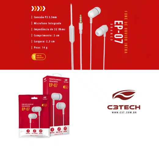 Fone de Ouvido Intra-Auricular EP07WH P2 1,2M Branco – Design Confortável