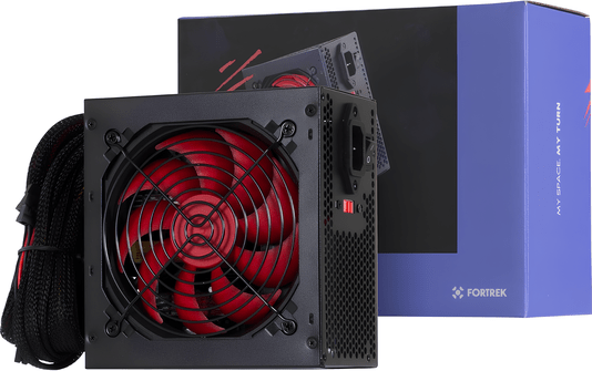 Fonte ATX 500W Fortrek Crusader, Bivolt Manual, Ventoinha 120mm – Preto/Vermelho