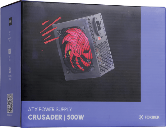 Fonte ATX 500W Fortrek Crusader, Bivolt Manual, Ventoinha 120mm – Preto/Vermelho
