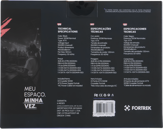 Fonte ATX 500W Fortrek Crusader, Bivolt Manual, Ventoinha 120mm – Preto/Vermelho