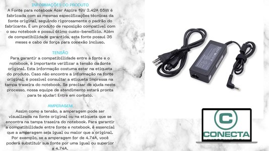 Fonte Compatível Para Notebook ACER 19V 3.42A FT002