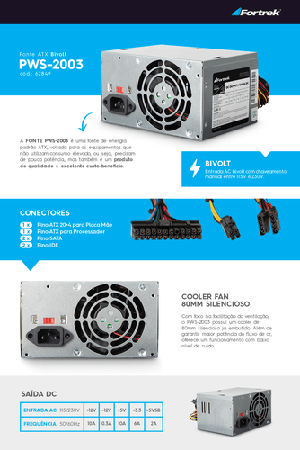 Fonte De Alimentação Fortrek Pws2003, 200W, ATX, 20+4P,Bivolt