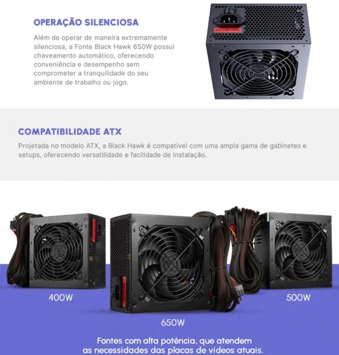 Fonte ATX Gamer Fortrek Black Hawk 650W 80 Plus Bronze PFC Ativo