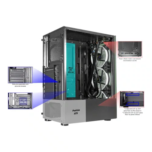 Gabinete Gamer c/3 Coolers Frontais e Painel de Vidro Preto CG10W5 Elite